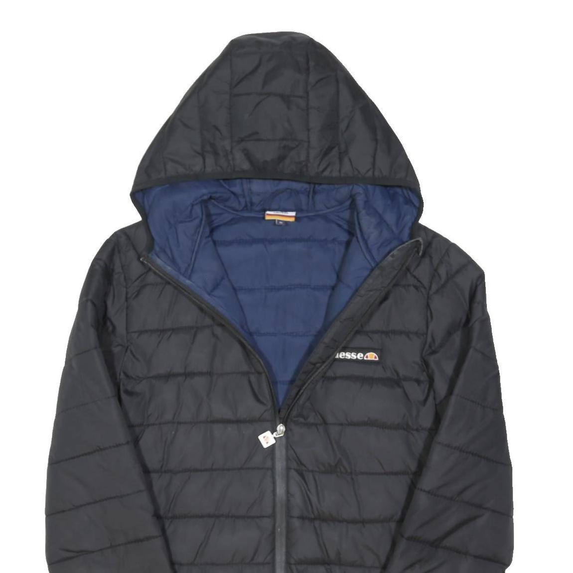 ELLESSE Mens Black & Navy Hooded Quilted Jacket S Polyester Blend Zip Casual