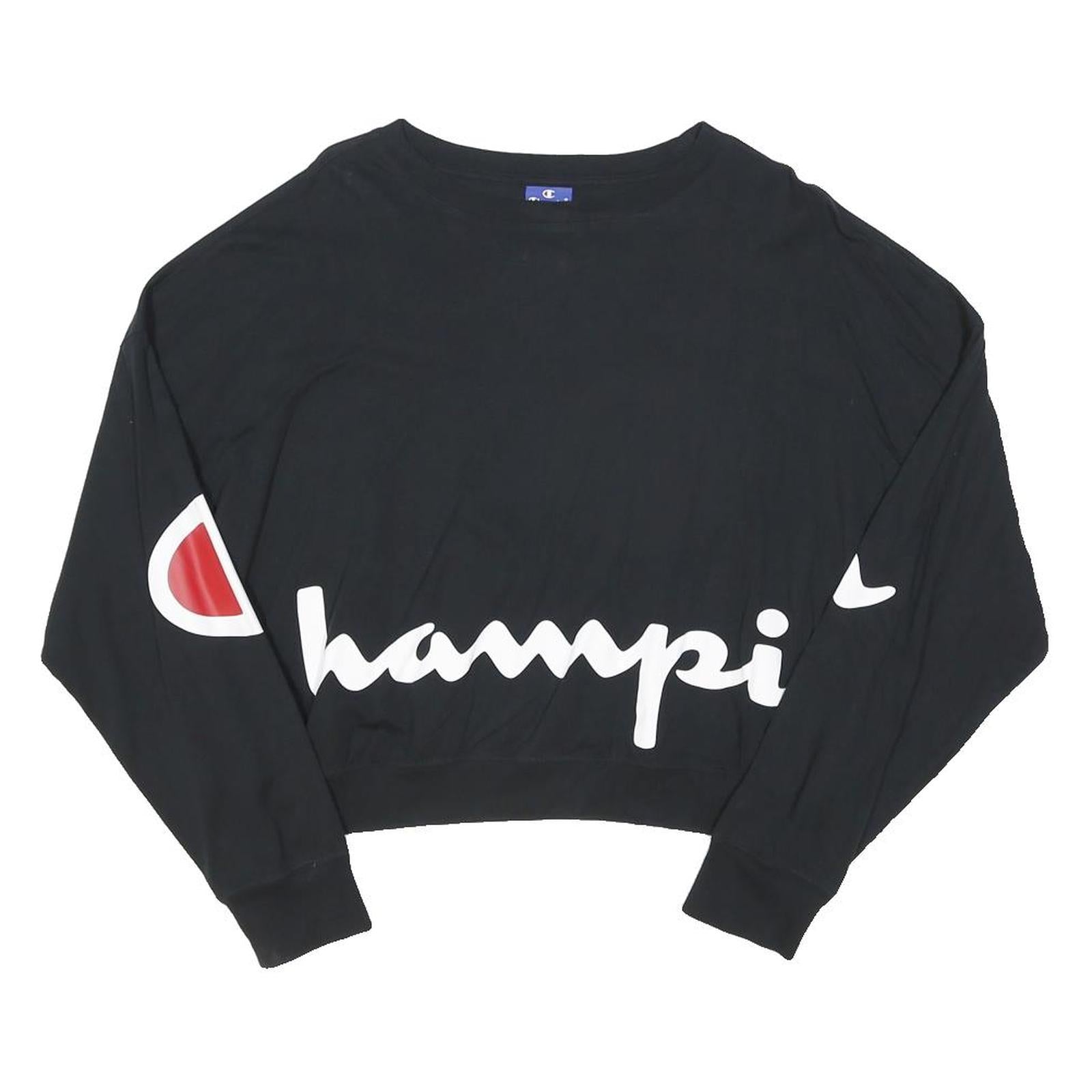 CHAMPION Womens Black Crop T-Shirt Long Sleeve Crew Neck Logo Print M