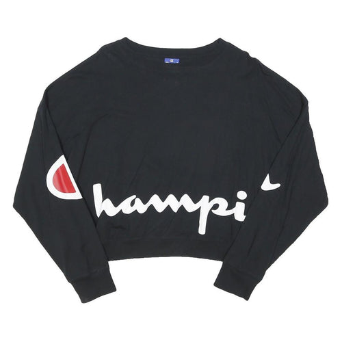CHAMPION Womens Black Crop T-Shirt Long Sleeve Crew Neck Logo Print M
