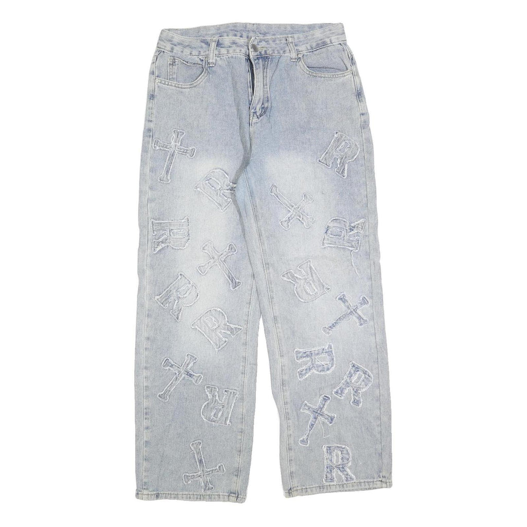 Womens Relaxed Blue Denim Straight Leg Cotton Blend Light Wash W30 L30 Patchwork