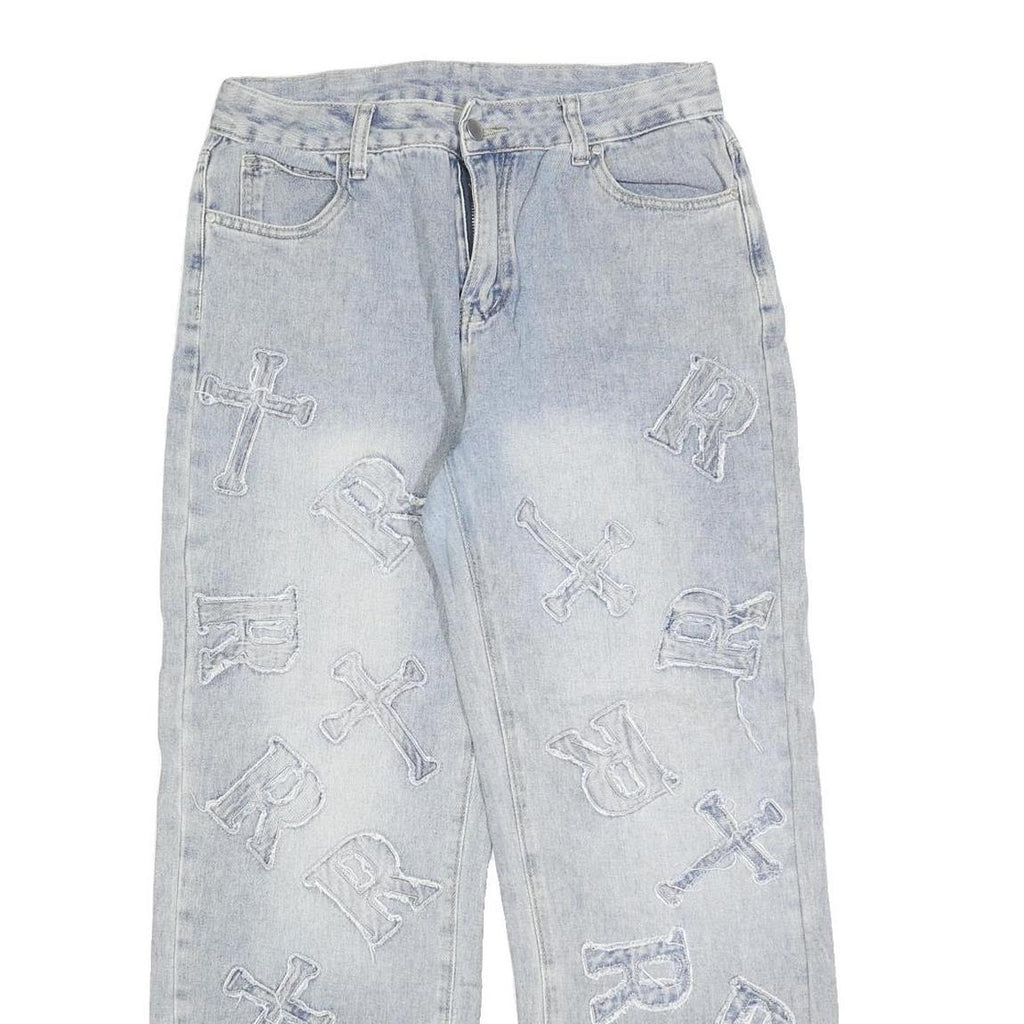Womens Relaxed Blue Denim Straight Leg Cotton Blend Light Wash W30 L30 Patchwork