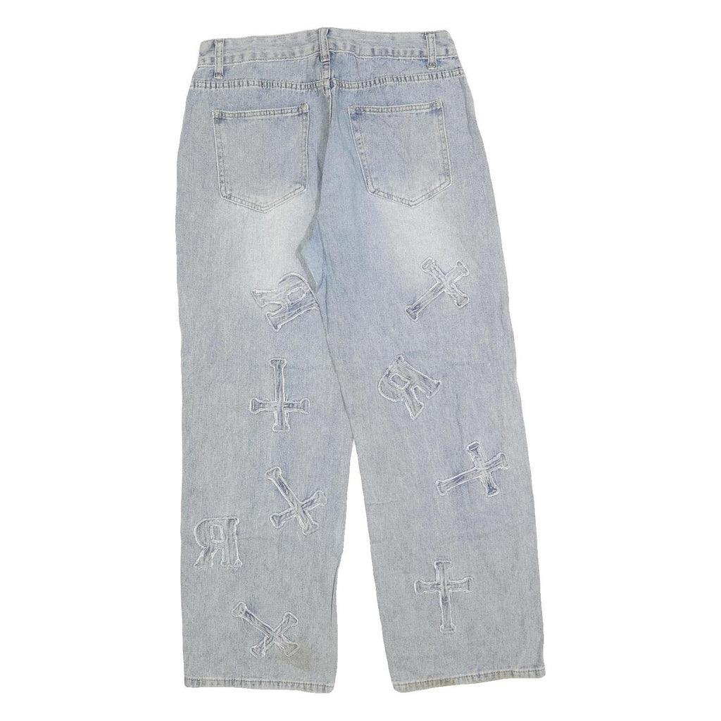 Womens Relaxed Blue Denim Straight Leg Cotton Blend Light Wash W30 L30 Patchwork