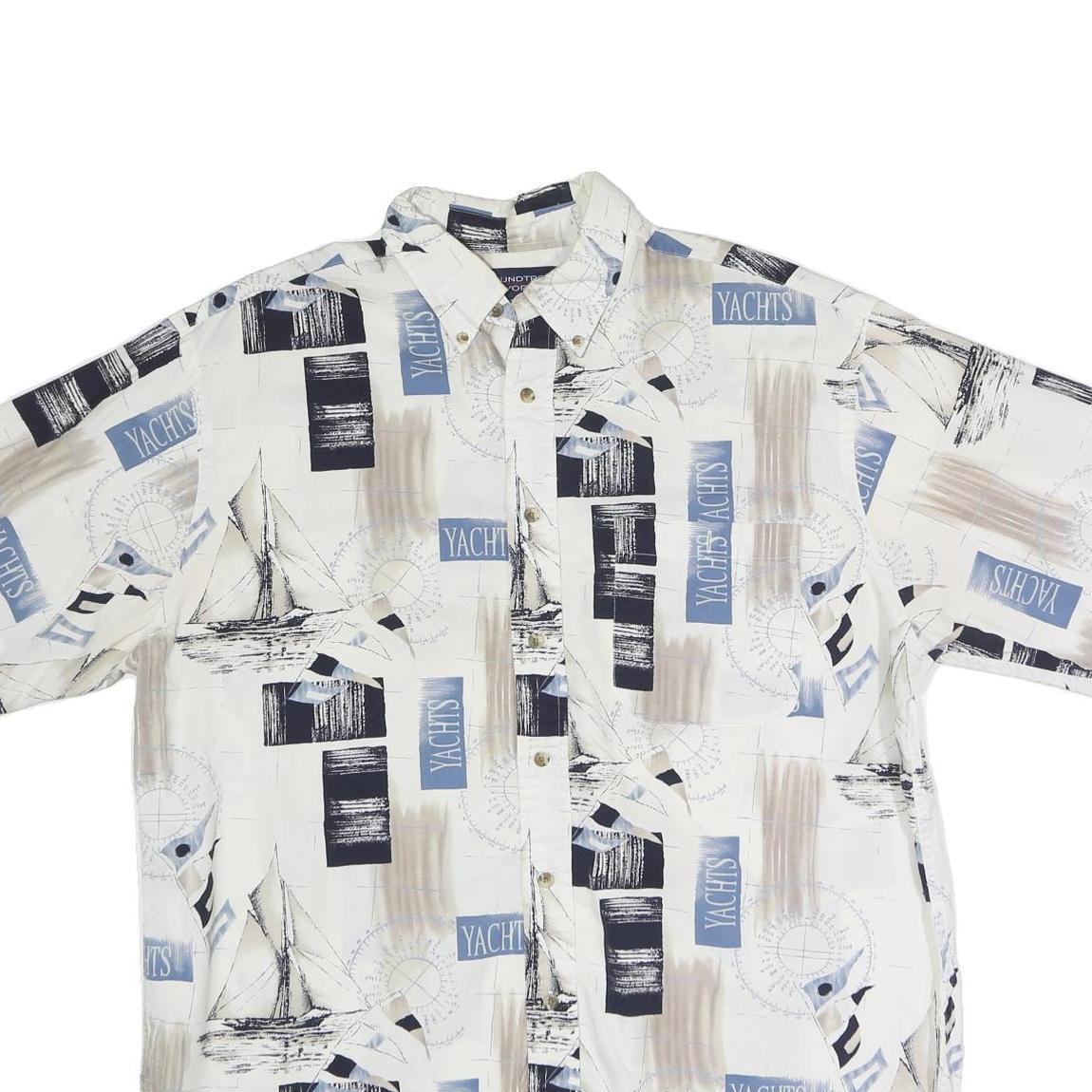 ROUNDTREE & YORKE Mens White Blue Yachts Cotton Shirt L Nautical Print Casual