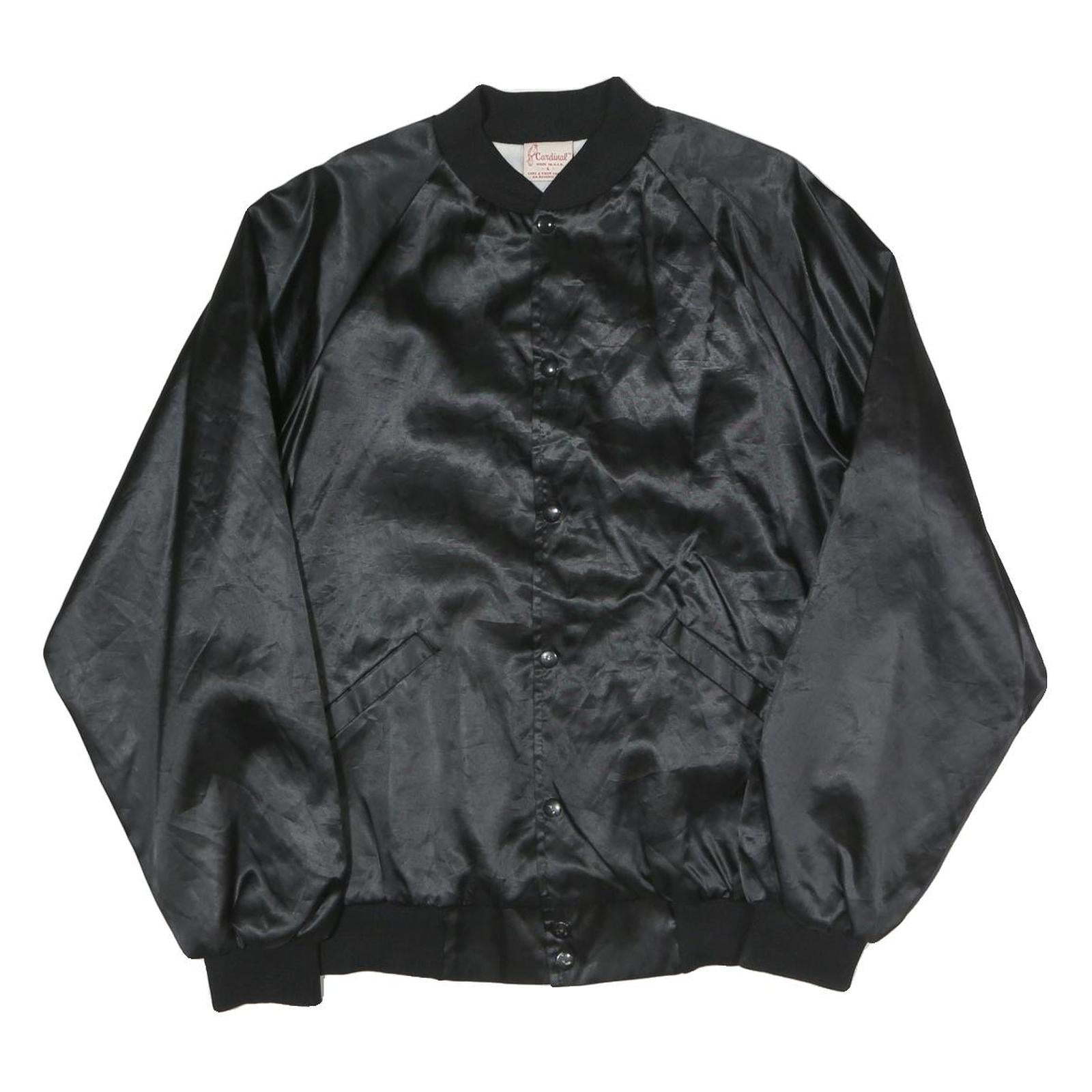 CARDINAL Mens Black Satin Bomber L Polyester Blend Button Jacket Plain Relaxed