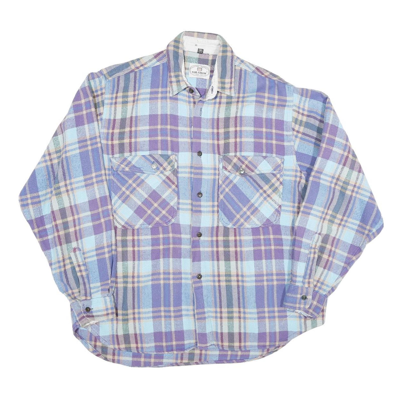 Mens Blue & Purple Check Shirt M Cotton Blend Workwear Relaxed Fit Casual