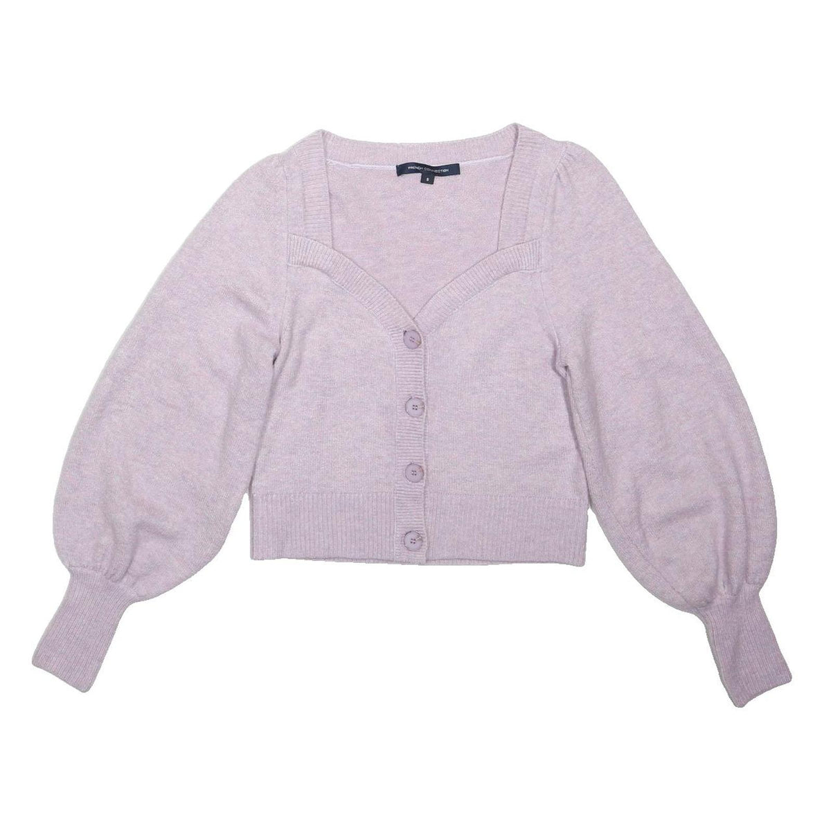 FRENCH CONNECTION Womens Lilac Plain Button Up Jumper Crew Neck Rib Knit Size S