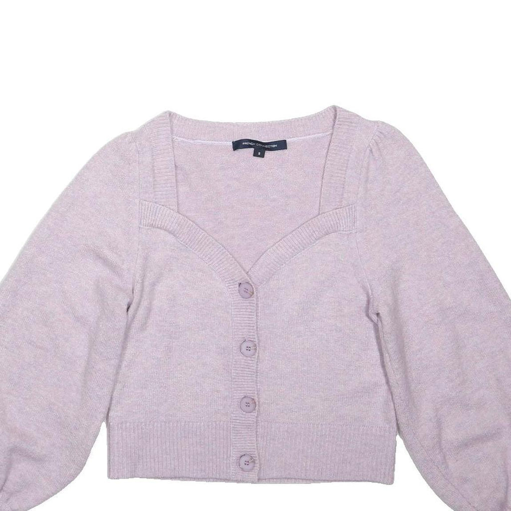 FRENCH CONNECTION Womens Lilac Plain Button Up Jumper Crew Neck Rib Knit Size S