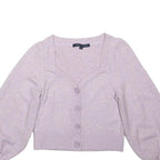 FRENCH CONNECTION Womens Lilac Plain Button Up Jumper Crew Neck Rib Knit Size S