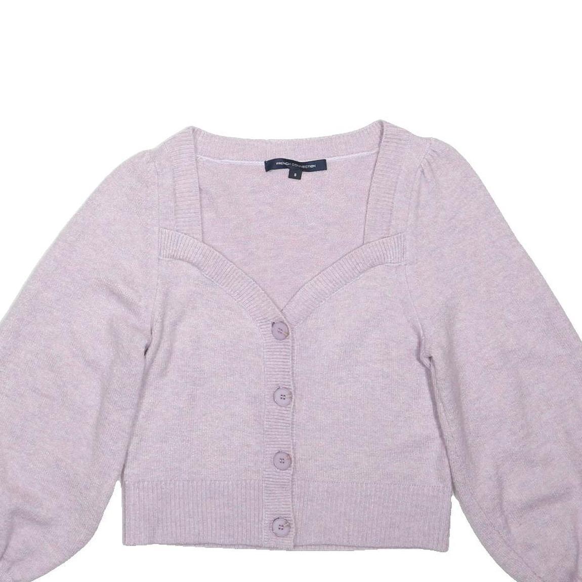 FRENCH CONNECTION Womens Lilac Plain Button Up Jumper Crew Neck Rib Knit Size S
