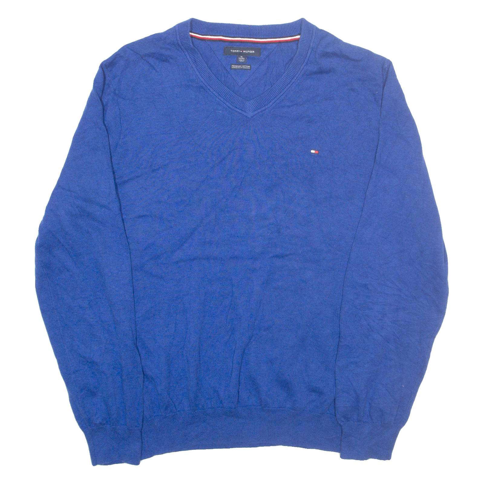 TOMMY HILFIGER Mens Jumper Blue V-Neck Tight Knit XL