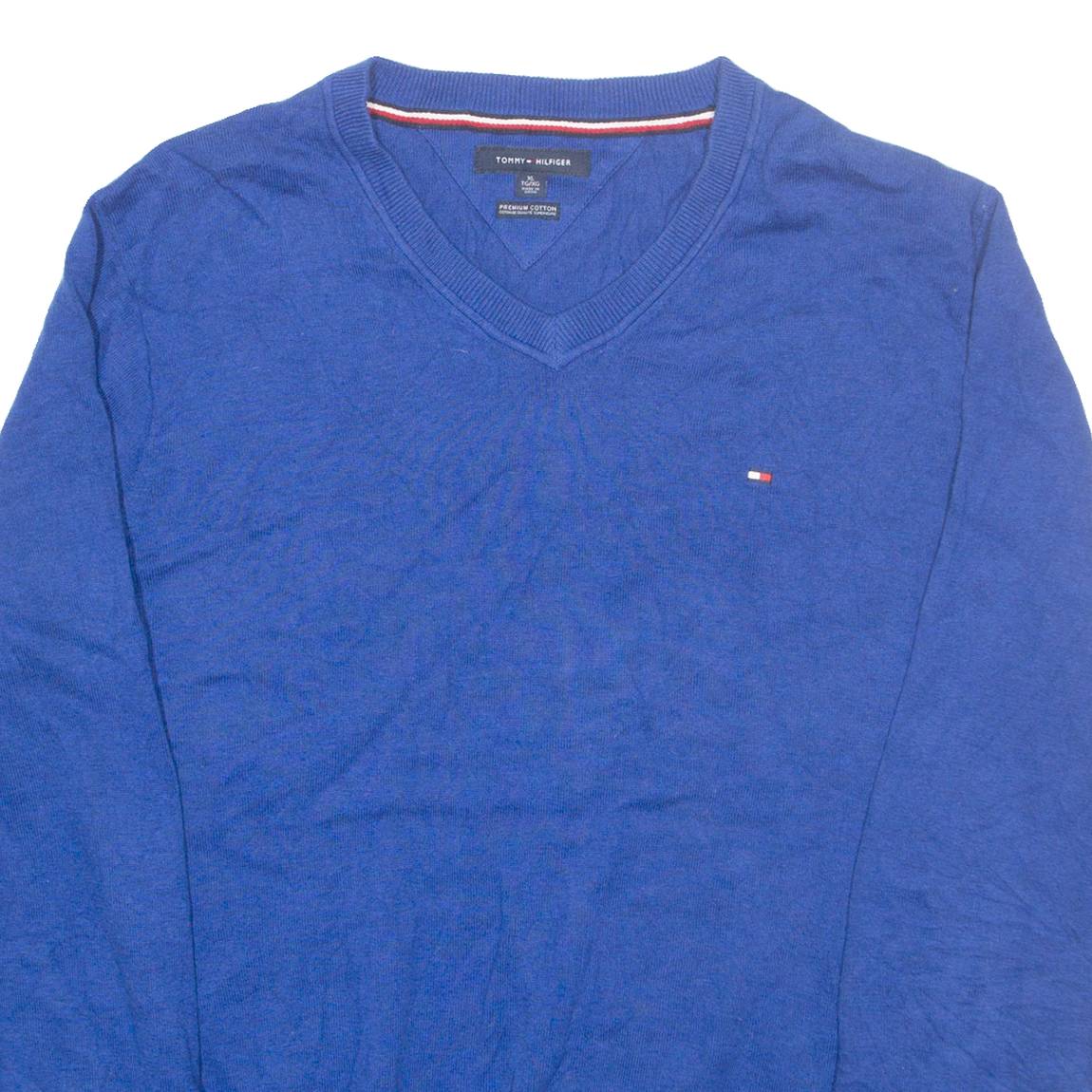 TOMMY HILFIGER Mens Jumper Blue V-Neck Tight Knit XL