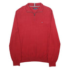 TOMMY HILFIGER Mens Red Pullover Plain Half Zip Cotton Jumper L Casual