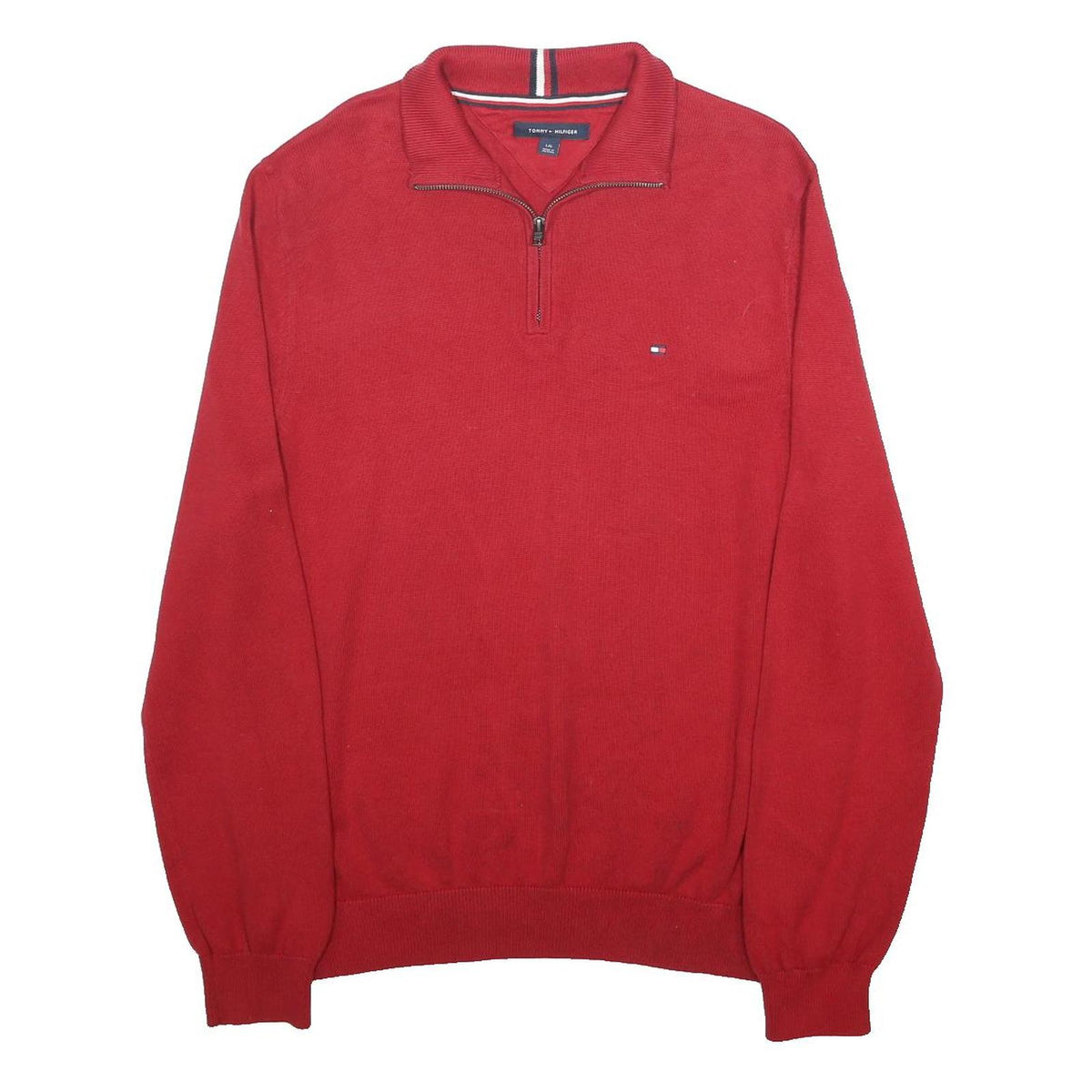 TOMMY HILFIGER Mens Red Pullover Plain Half Zip Cotton Jumper L Casual