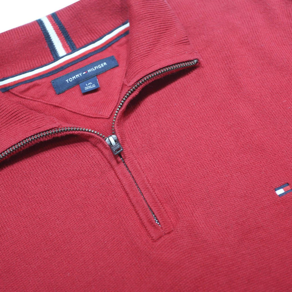 TOMMY HILFIGER Mens Red Pullover Plain Half Zip Cotton Jumper L Casual