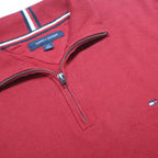 TOMMY HILFIGER Mens Red Pullover Plain Half Zip Cotton Jumper L Casual