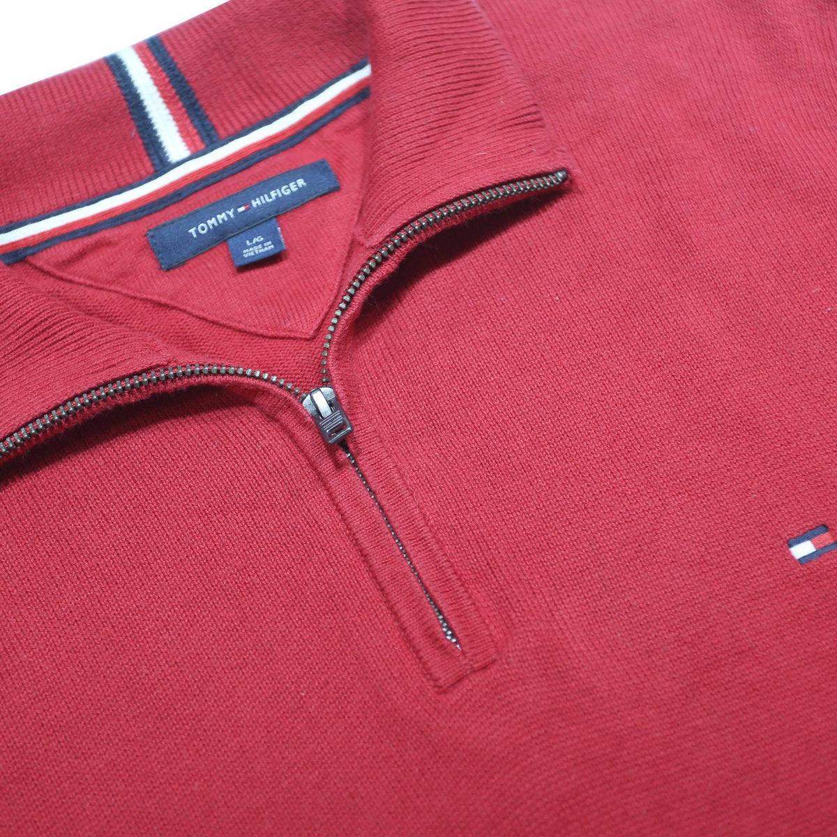 TOMMY HILFIGER Mens Red Pullover Plain Half Zip Cotton Jumper L Casual
