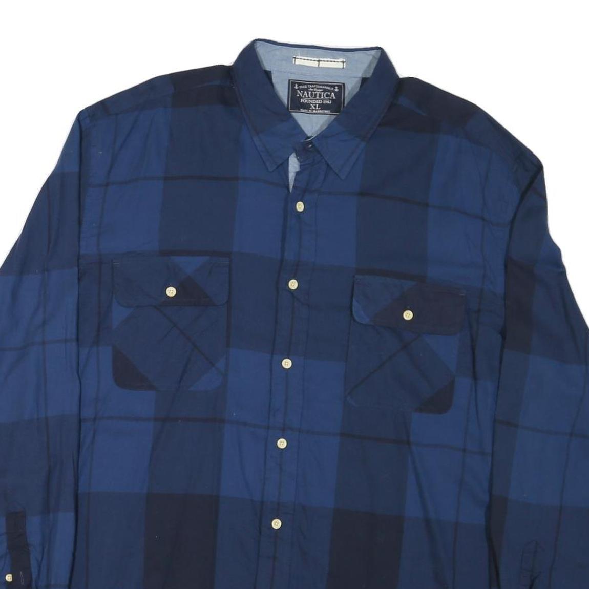 NAUTICA Mens Blue Check Shirt XL Cotton Blend Long Sleeve Classic Fit Casual