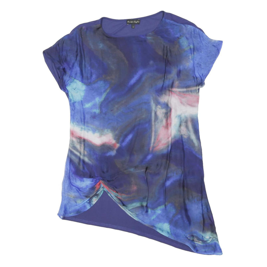 PHASE EIGHT Womens Blue Printed Top Short Sleeve Round Neck UK 12 Asymmetric Hem