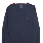TOMMY HILFIGER Mens Navy Blue Plain Cotton V-Neck Basic Knit Jumper L