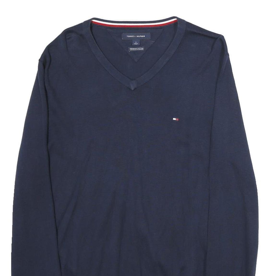 TOMMY HILFIGER Mens Navy Blue Plain Cotton V-Neck Basic Knit Jumper L
