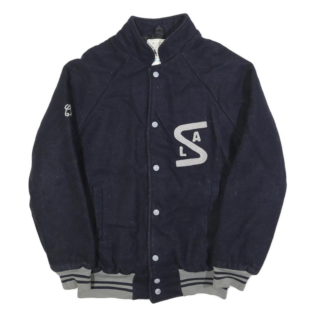 Mens Navy Blue Varsity Style Jacket S Wool Button Front Striped Ribbed Trim