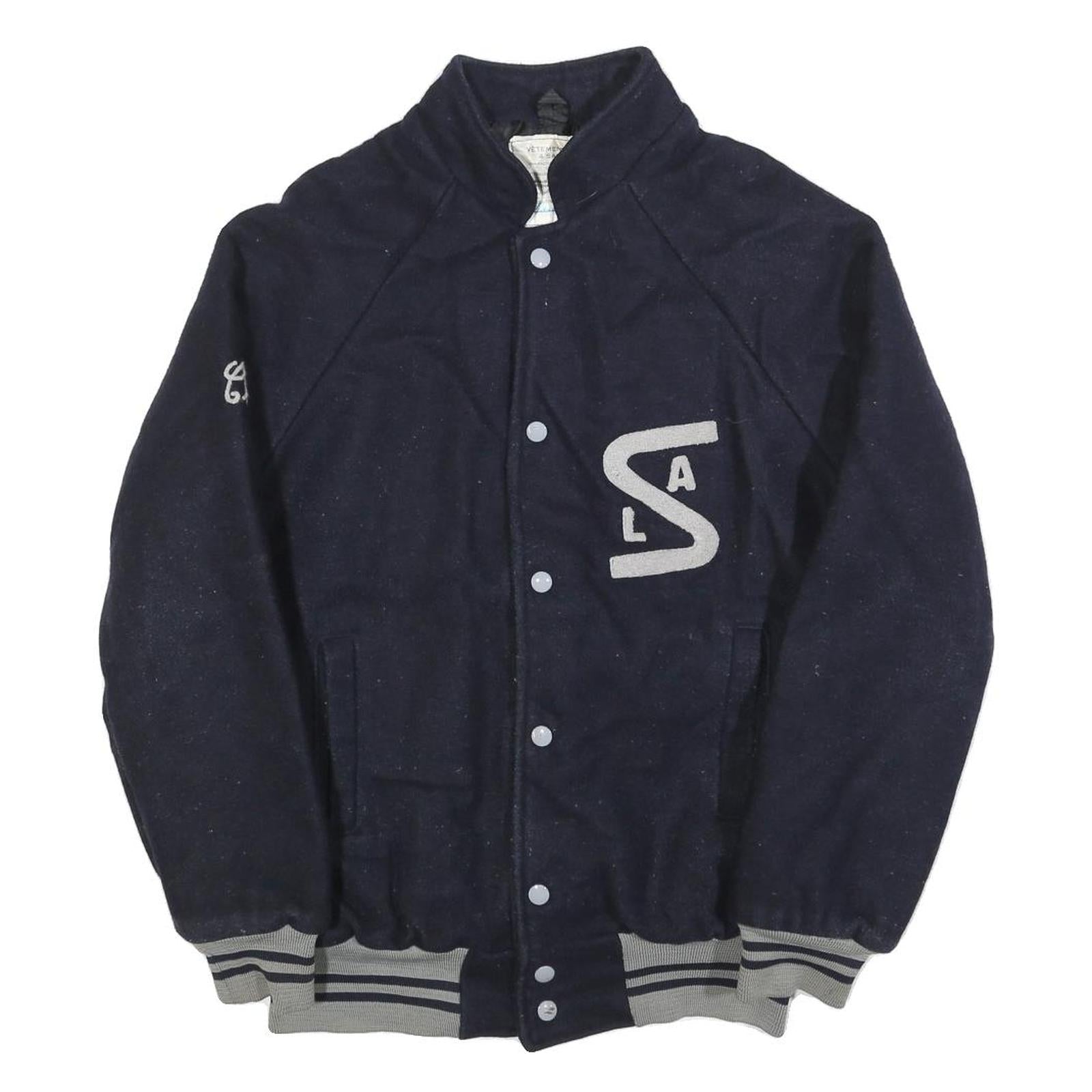 Mens Navy Blue Varsity Style Jacket S Wool Button Front Striped Ribbed Trim