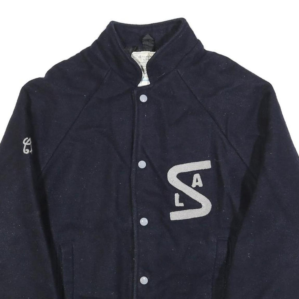 Mens Navy Blue Varsity Style Jacket S Wool Button Front Striped Ribbed Trim