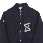 Mens Navy Blue Varsity Style Jacket S Wool Button Front Striped Ribbed Trim