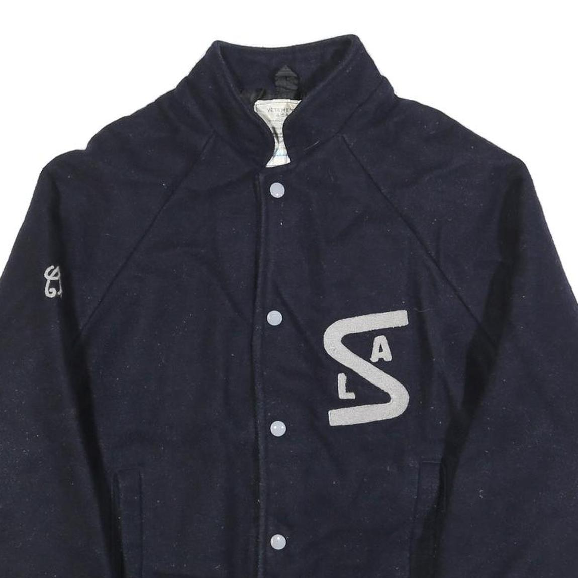 Mens Navy Blue Varsity Style Jacket S Wool Button Front Striped Ribbed Trim