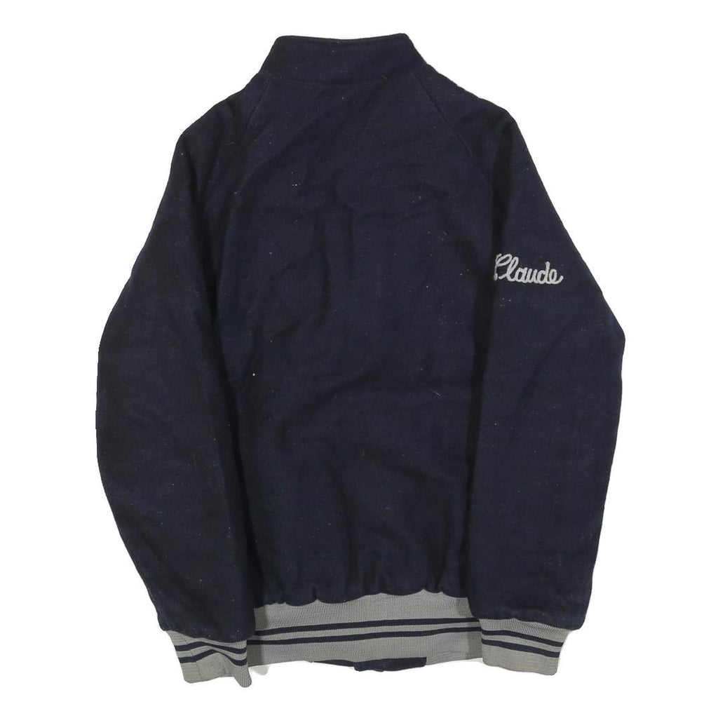 Mens Navy Blue Varsity Style Jacket S Wool Button Front Striped Ribbed Trim