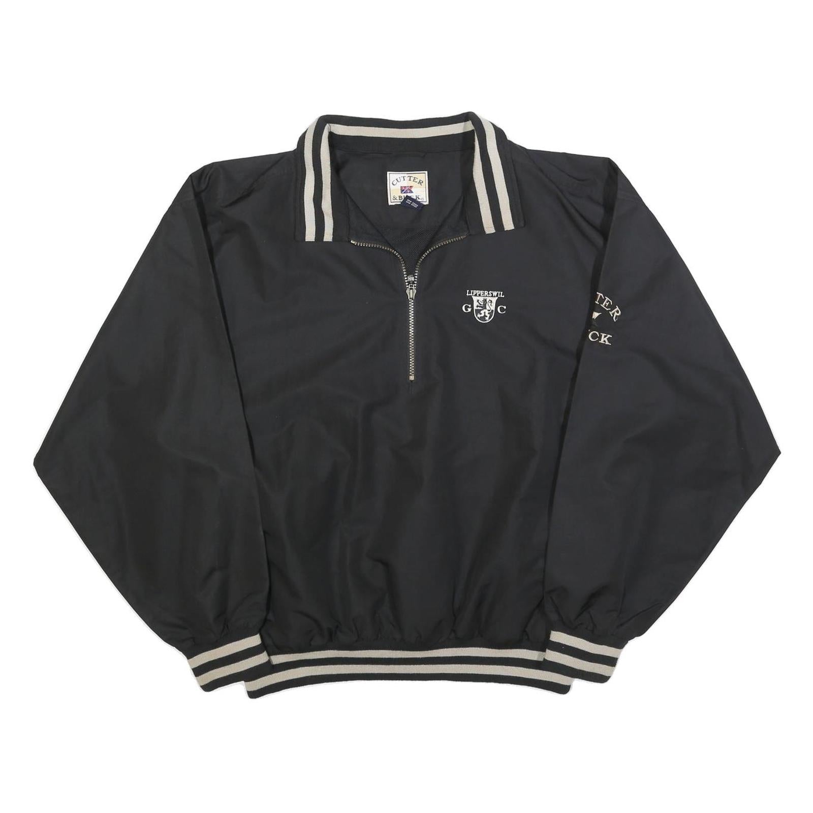 CUTTER & BUCK Mens Black Golf Jacket L Polyester Zip Collar Striped Ribbed Cuffs