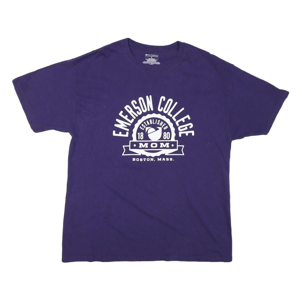 CHAMPION Mens Blue Emerson College Graphic T-Shirt L Short Sleeve Crew Neck