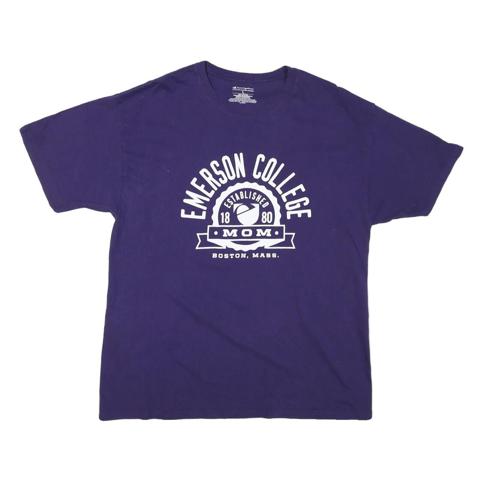 CHAMPION Mens Blue Emerson College Graphic T-Shirt L Short Sleeve Crew Neck