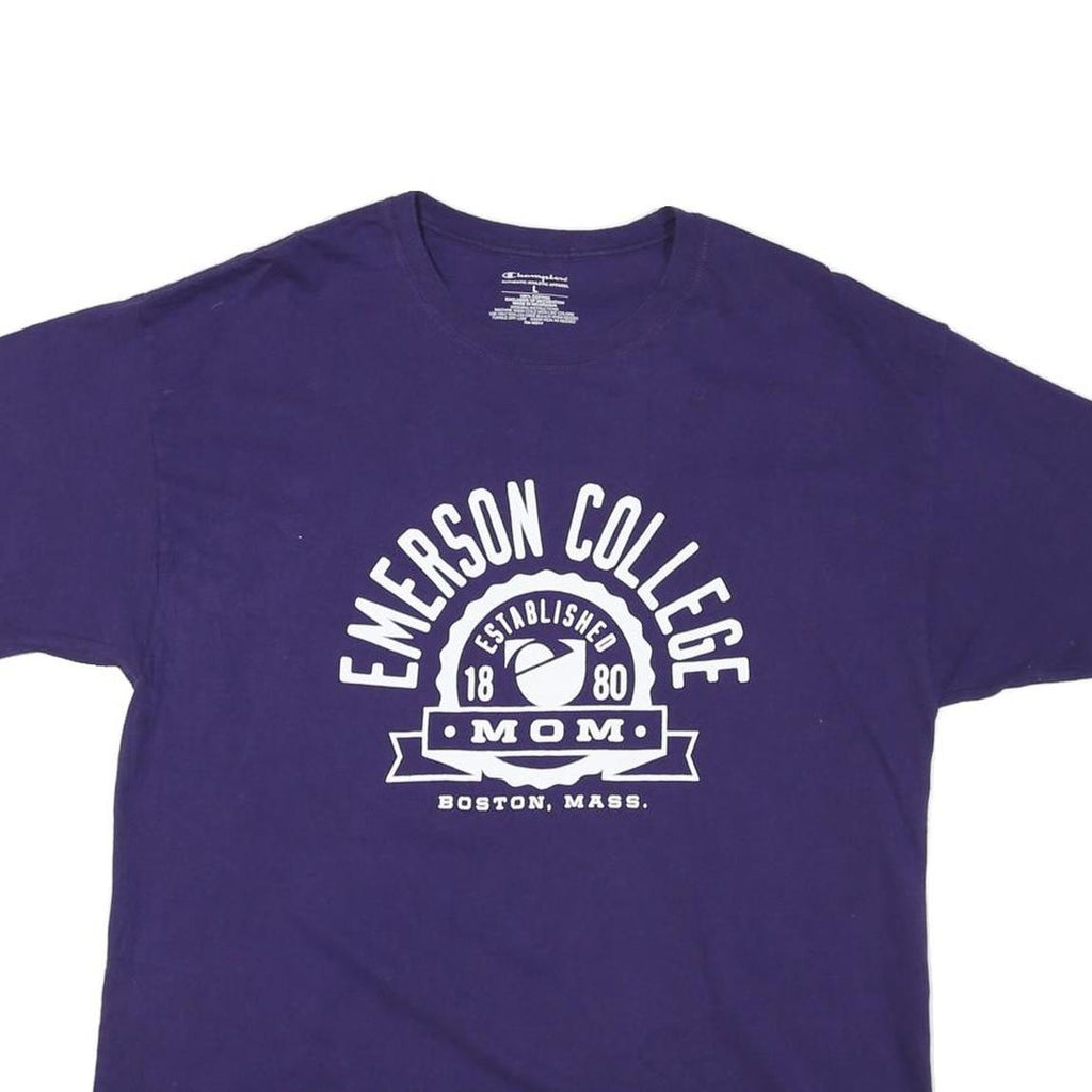 CHAMPION Mens Blue Emerson College Graphic T-Shirt L Short Sleeve Crew Neck