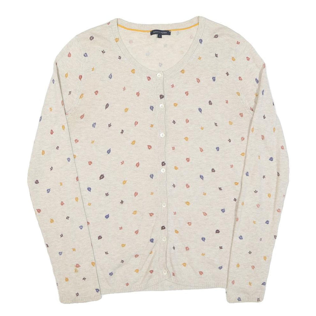 TOMMY HILFIGER Womens Cream Cotton Patterned Button Up Jumper S Lightweight Soft