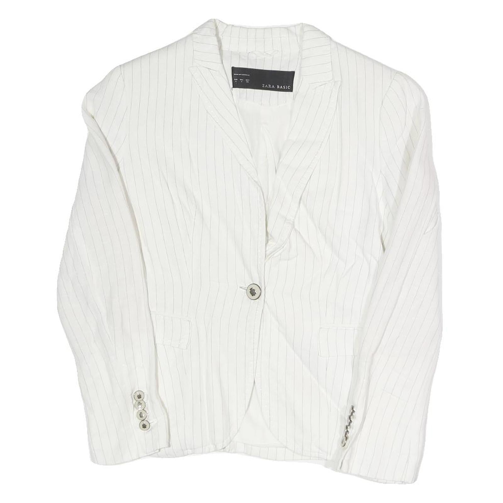 ZARA Womens White Pinstripe Blazer Jacket S Cotton Blend Button Closure Tailored