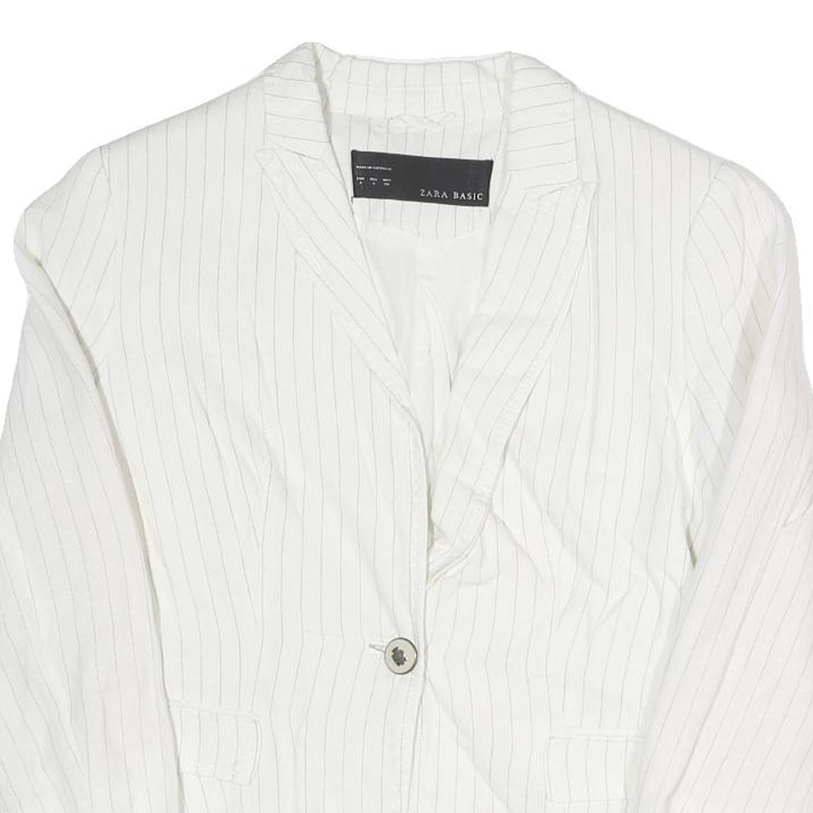 ZARA Womens White Pinstripe Blazer Jacket S Cotton Blend Button Closure Tailored
