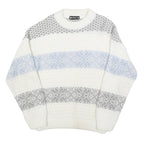 ST MICHAELS Womens White Grey & Blue Patterned Chunky Knit Crew Neck Jumper M