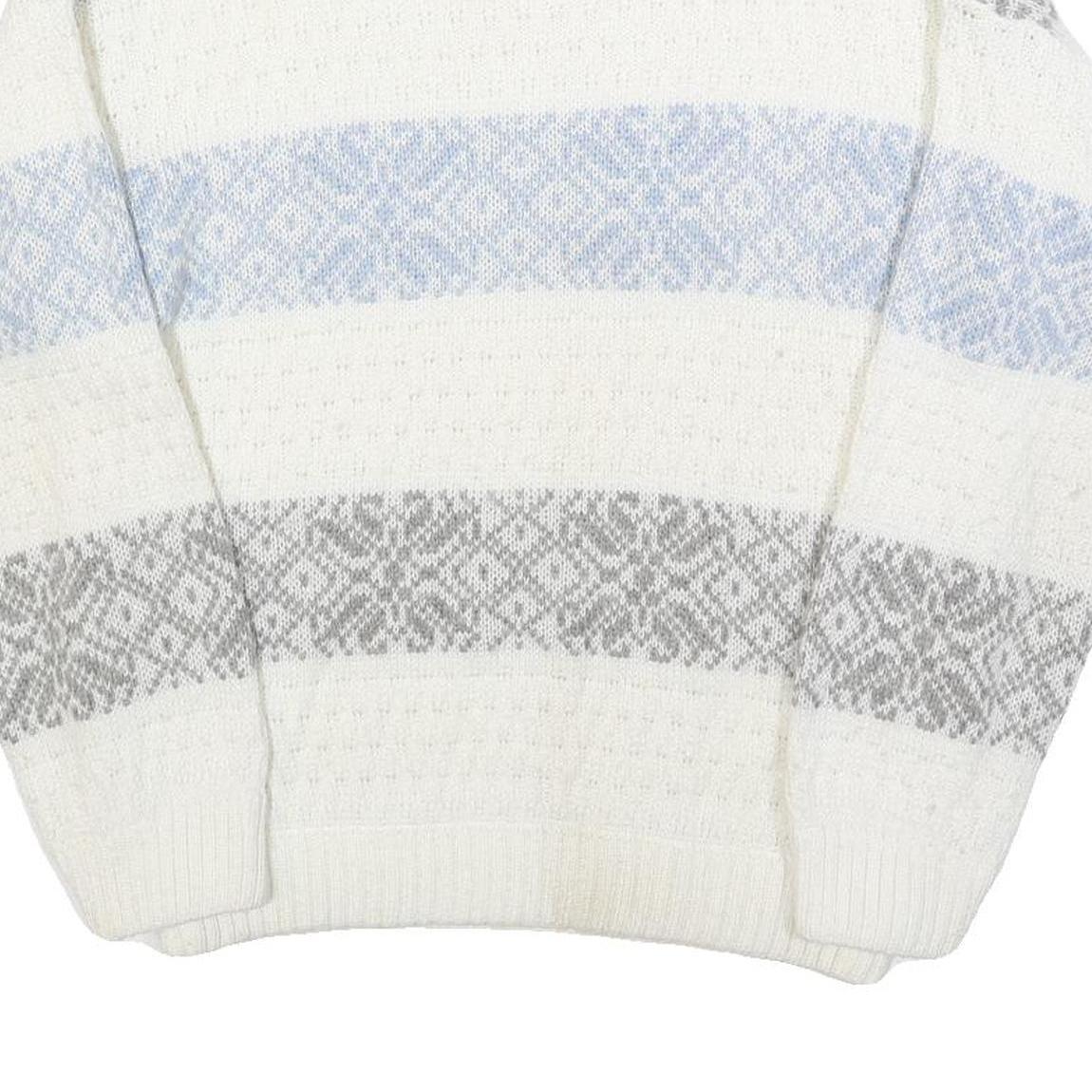 ST MICHAELS Womens White Grey & Blue Patterned Chunky Knit Crew Neck Jumper M