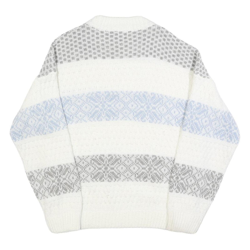 ST MICHAELS Womens White Grey & Blue Patterned Chunky Knit Crew Neck Jumper M