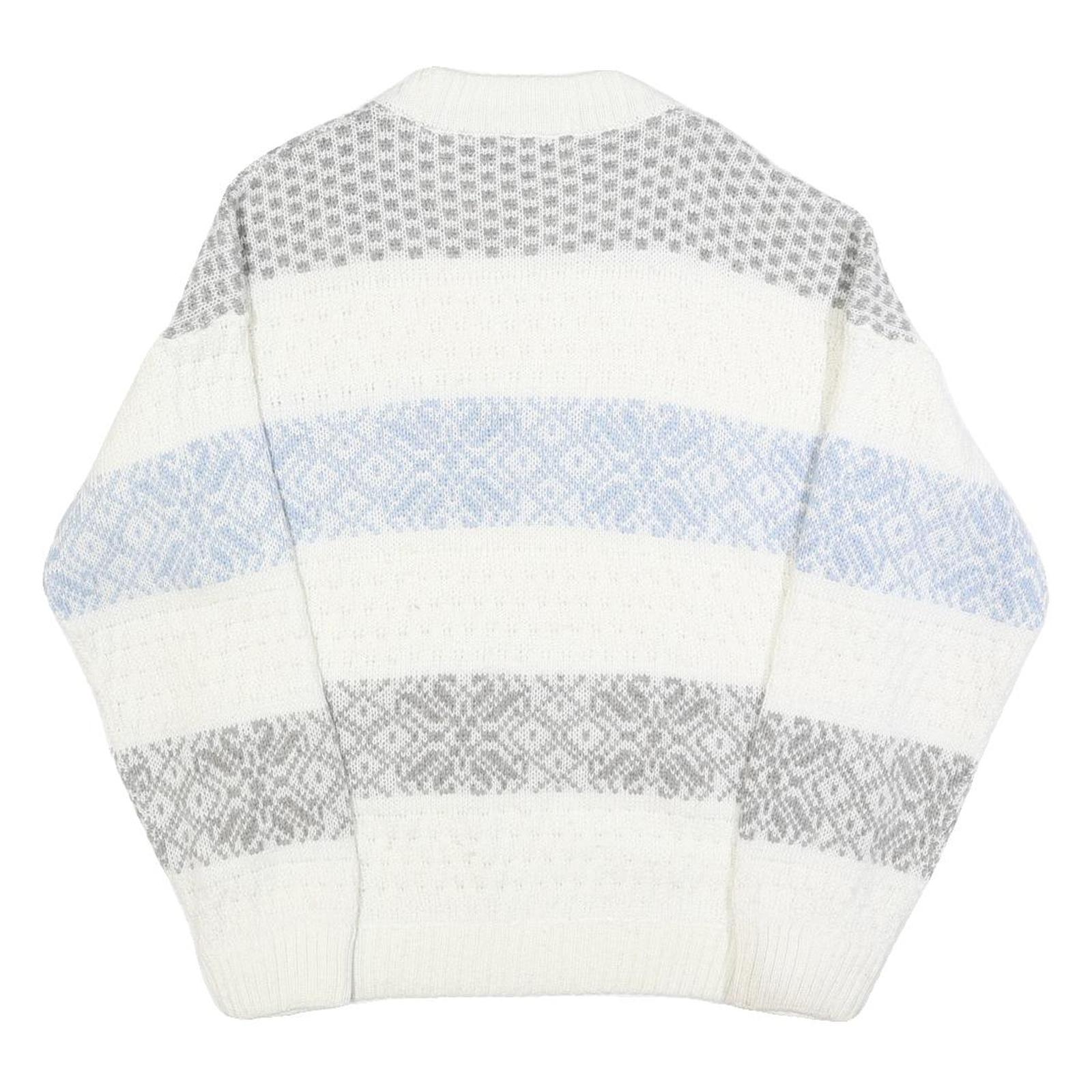 ST MICHAELS Womens White Grey & Blue Patterned Chunky Knit Crew Neck Jumper M