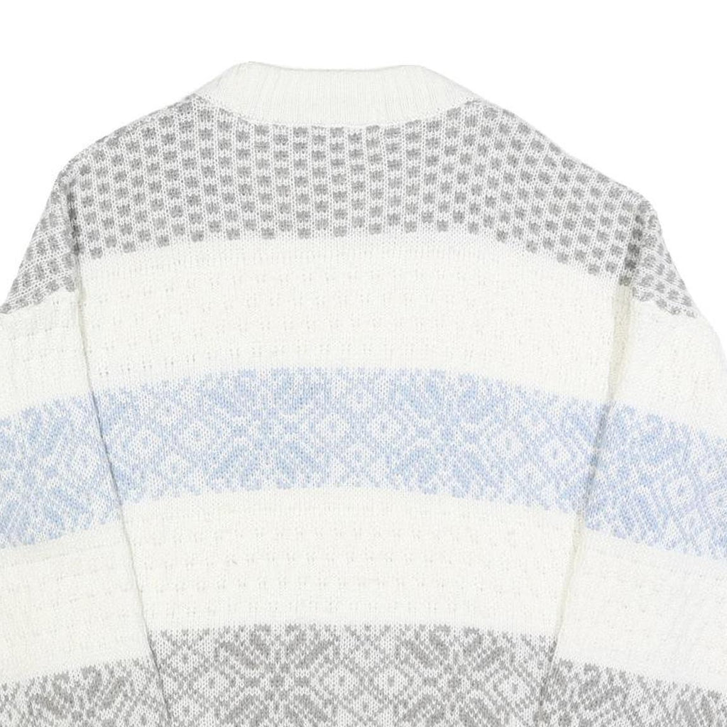 ST MICHAELS Womens White Grey & Blue Patterned Chunky Knit Crew Neck Jumper M