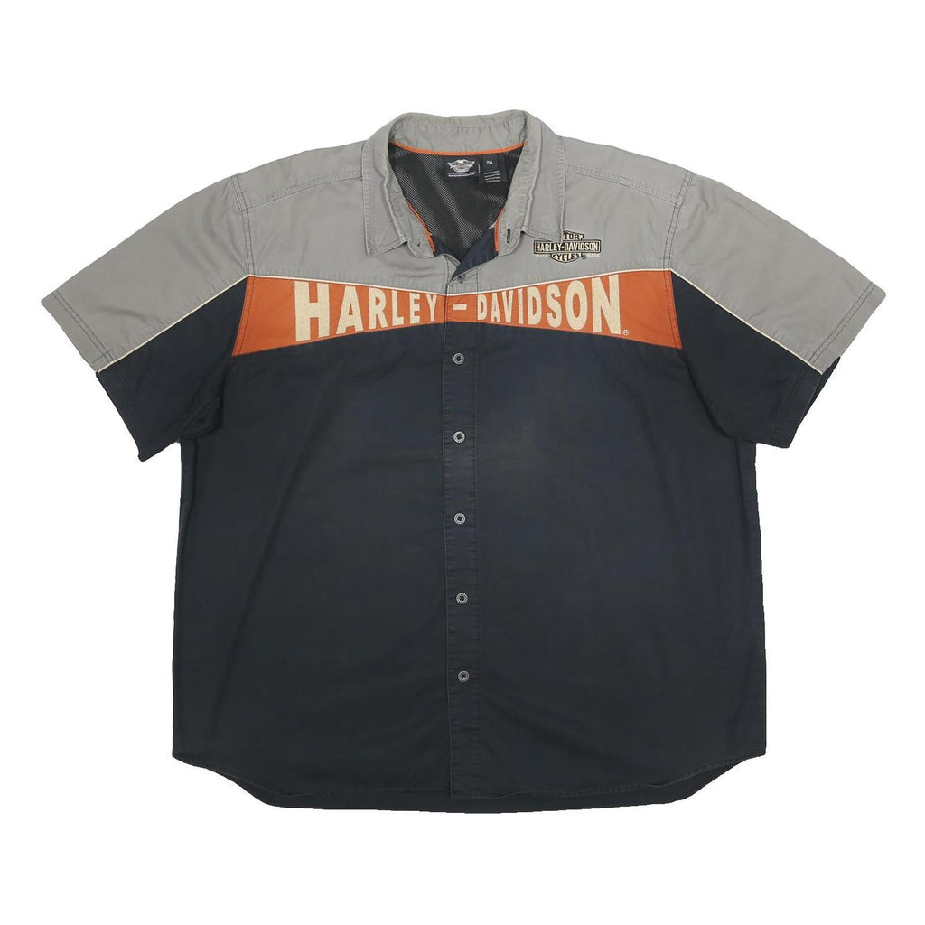HARLEY DAVIDSON Mens Grey & Navy Blue Cotton Short Sleeve Shirt 2XL