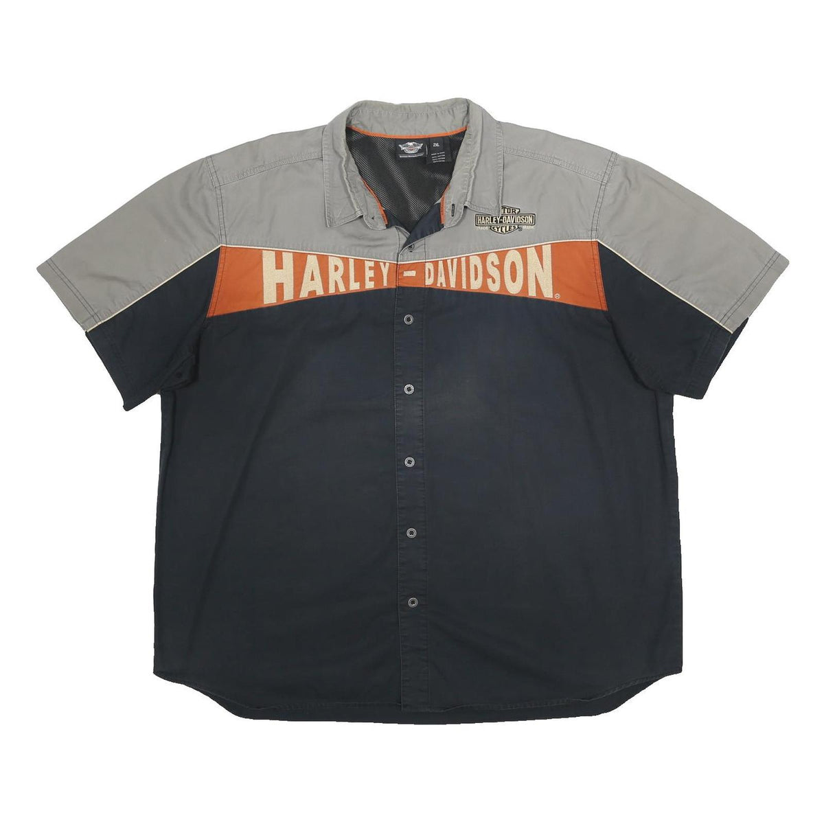 HARLEY DAVIDSON Mens Grey & Navy Blue Cotton Short Sleeve Shirt 2XL