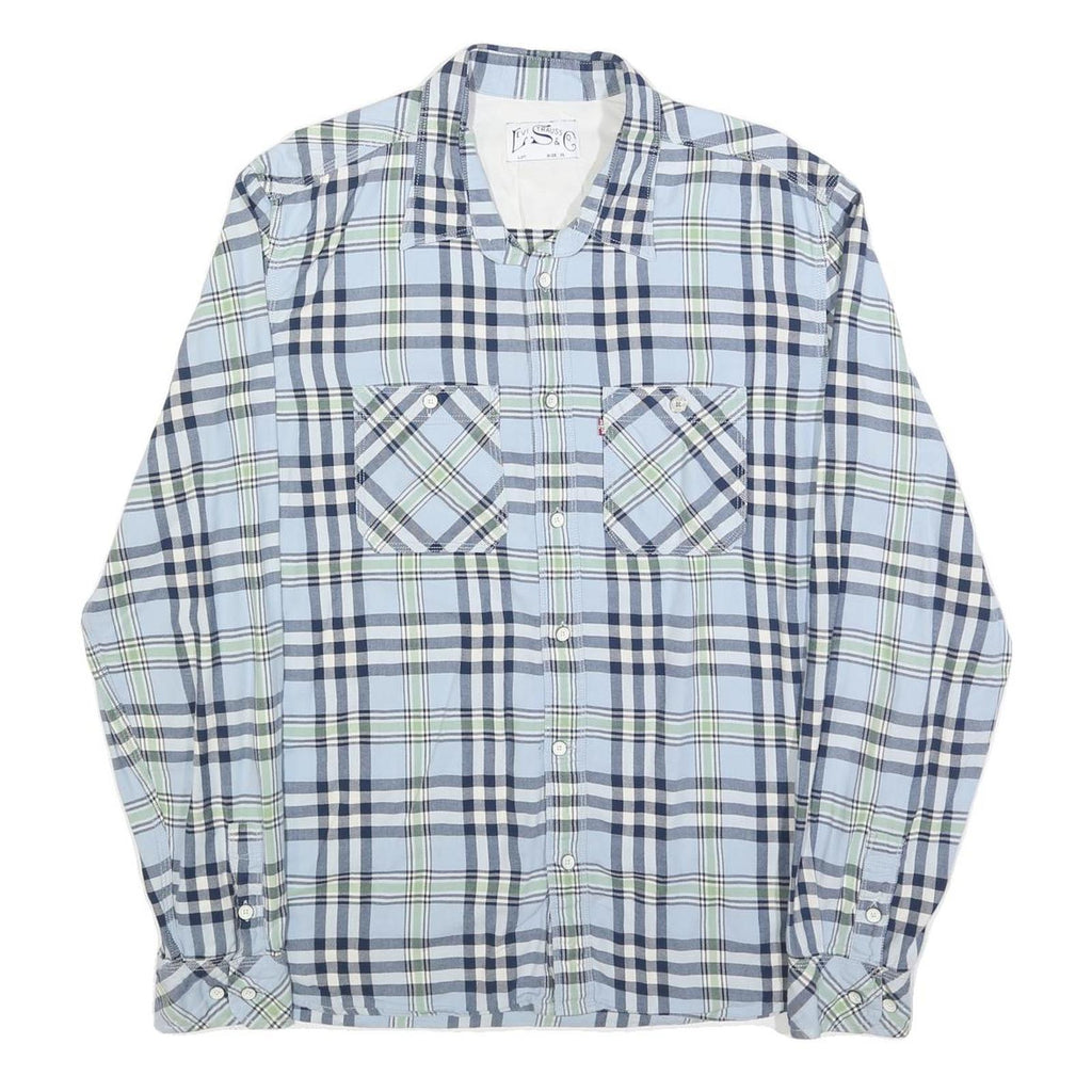 LEVI'S Mens Blue & Green Check Shirt XL Classic Cotton Blend Long Sleeve Button