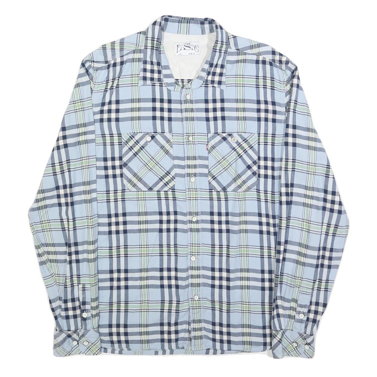LEVI'S Mens Blue & Green Check Shirt XL Classic Cotton Blend Long Sleeve Button