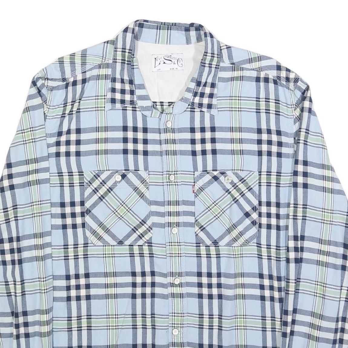 LEVI'S Mens Blue & Green Check Shirt XL Classic Cotton Blend Long Sleeve Button