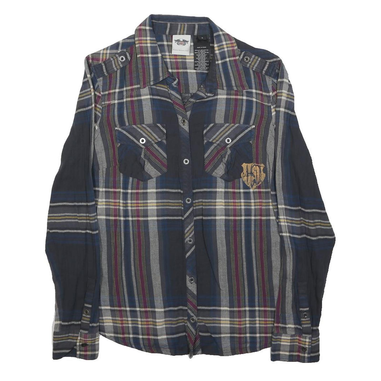 HARLEY DAVIDSON Womens Blue & Maroon Check Shirt S Cotton Blend Long Sleeve