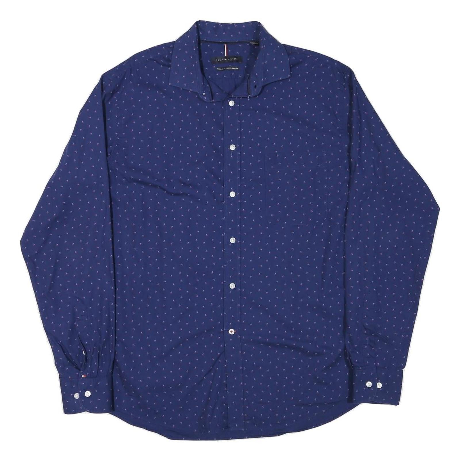 TOMMY HILFIGER Mens Blue & Pink Cotton Blend Shirt L Long Sleeve Button Casual