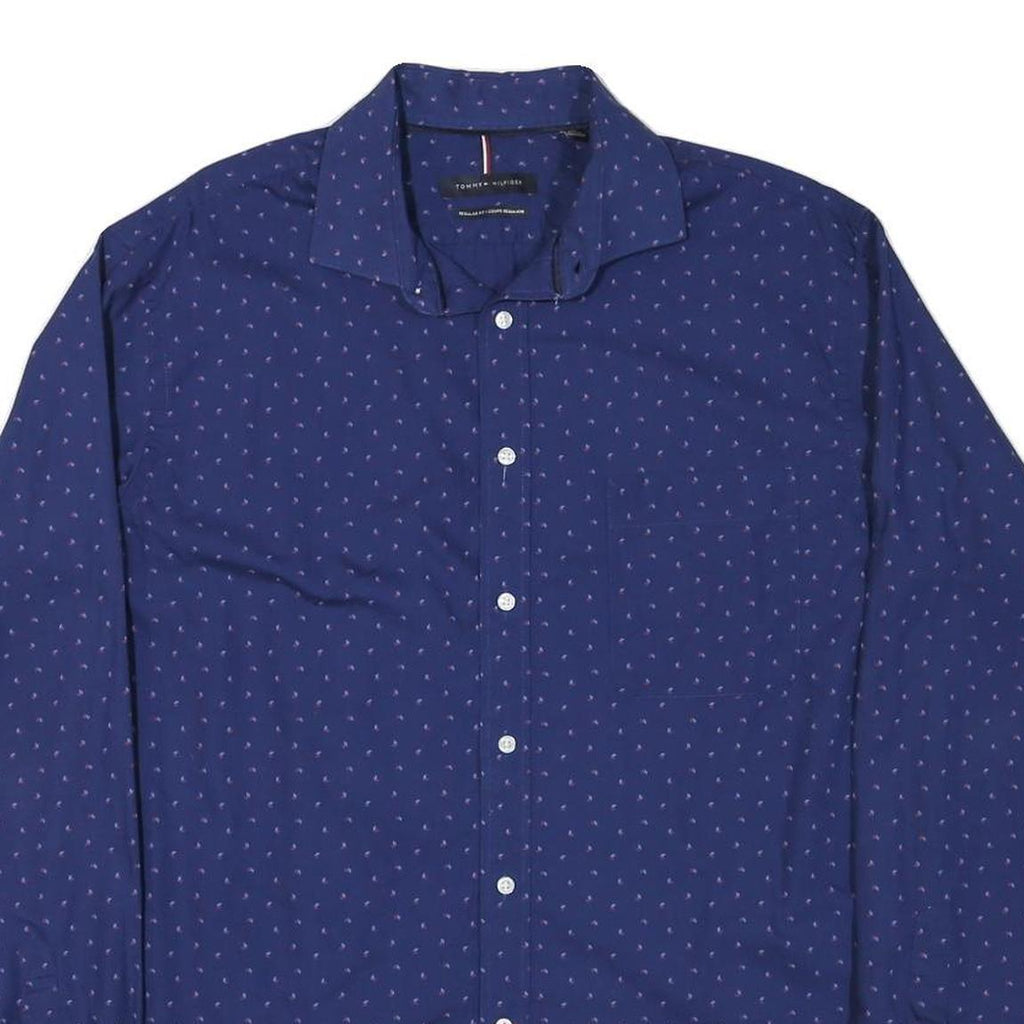 TOMMY HILFIGER Mens Blue & Pink Cotton Blend Shirt L Long Sleeve Button Casual